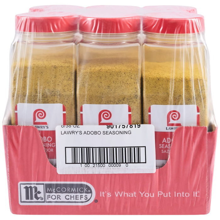 A shrink-wrapped case of six jars of Lawry'S Adobo Seasoning, 38 Oz, is shown in its red cardboard tray from McCormick for Chefs.