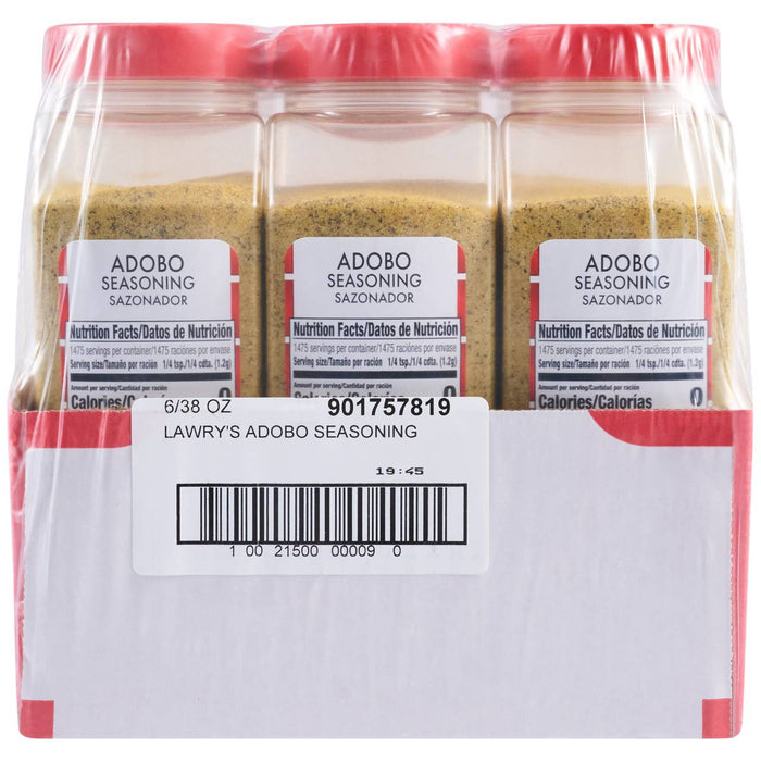 A shrink-wrapped multi-pack of Lawry'S Adobo Seasoning, 38 Oz, shows three clear jars with red lids filled with the yellow-green spice blend.