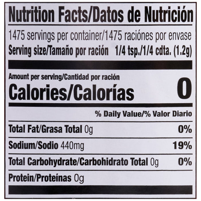 The nutrition facts label for Lawry'S Adobo Seasoning, 38 Oz, indicates that one serving contains 0 calories, 440mg of sodium, and 0g of total fat.