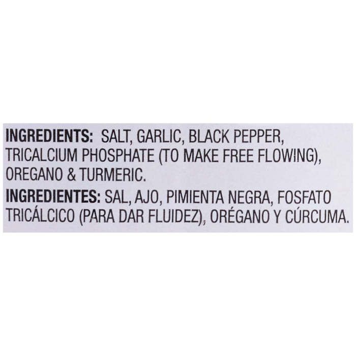 The ingredients list for Lawry'S Adobo Seasoning, 38 Oz, is displayed in English and Spanish, detailing components like salt, garlic, and black pepper.