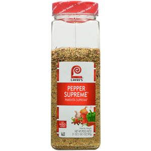 A jar of Lawry's Pepper Supreme seasoning.