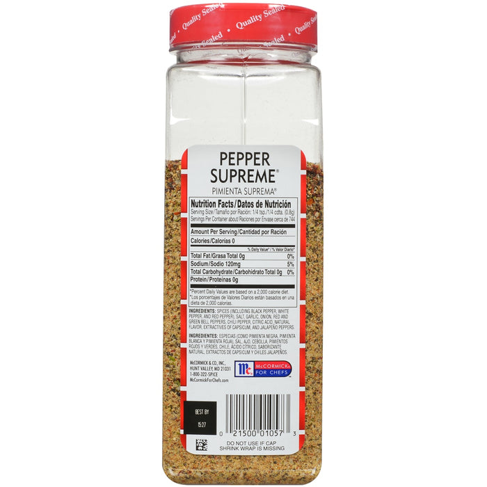 A McCormick for Chefs Pepper Supreme spice jar with nutrition facts and ingredients listed.