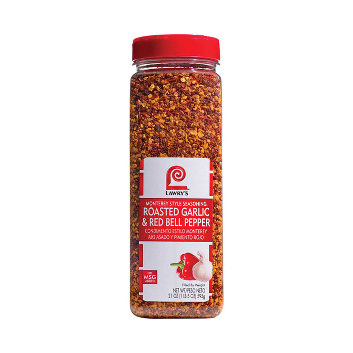 A jar of Lawry's Roasted Garlic &amp; Red Bell Pepper seasoning.
