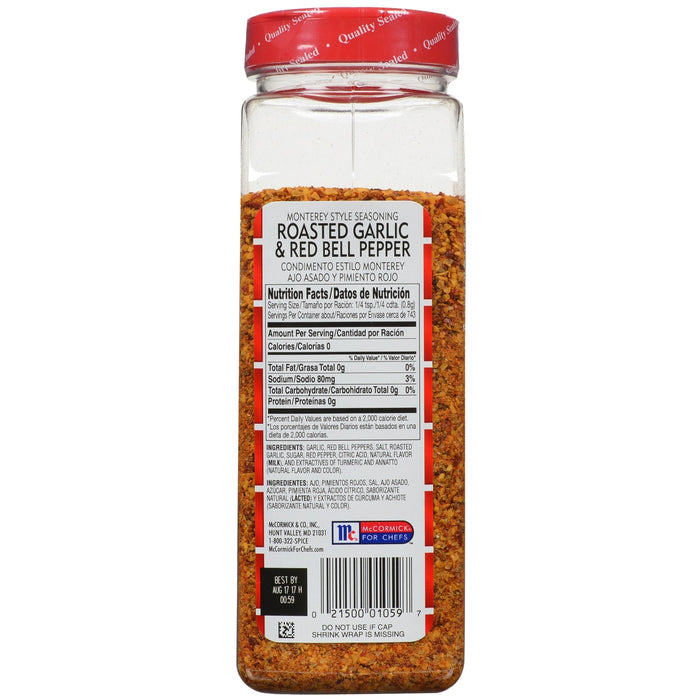 A McCormick for Chefs jar of Roasted Garlic &amp; Red Bell Pepper seasoning.