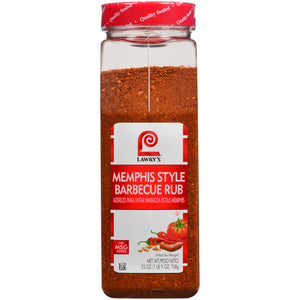 A jar of Lawry's Memphis Style Barbecue Rub.