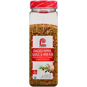 A jar of Lawry's Cracked Pepper, Garlic &amp; Herb Rub seasoning.
