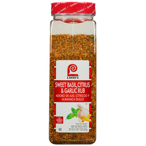 A jar of Lawry's Sweet Basil, Citrus &amp; Garlic Rub seasoning.