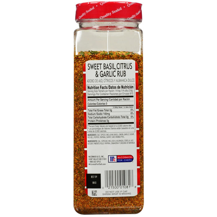 A McCormick for Chefs spice jar labeled Sweet Basil, Citrus &amp; Garlic Rub.