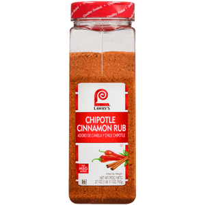 A Lawry's Chipotle Cinnamon Rub spice jar with a red chili pepper and cinnamon sticks on the label.