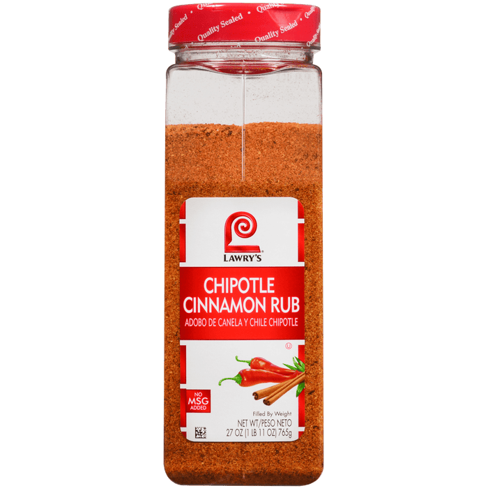 A Lawry's Chipotle Cinnamon Rub spice jar with a red chili pepper and cinnamon sticks on the label.