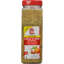 A container of Lawry's Salt-Free Garlic &amp; Herb Seasoning.