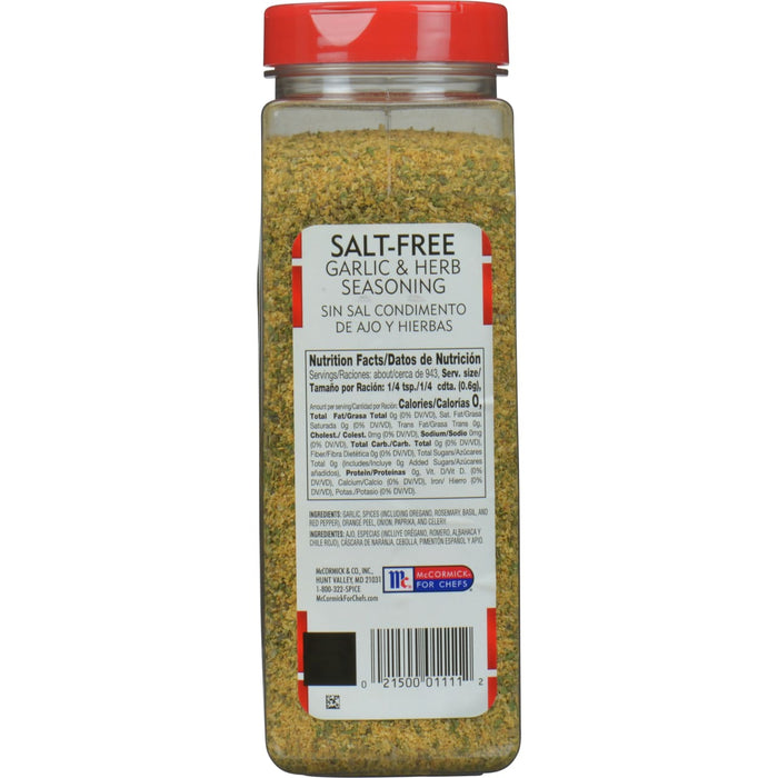 A jar of McCormick Salt-Free Garlic &amp; Herb Seasoning.