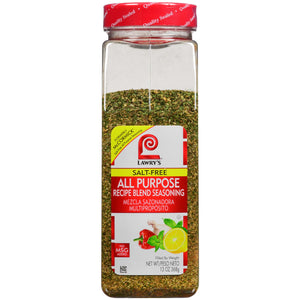A container of Lawry's Salt-Free All Purpose Recipe Blend Seasoning.