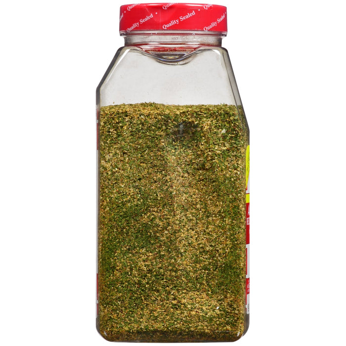 A glass jar of McCormick brand Italian seasoning.