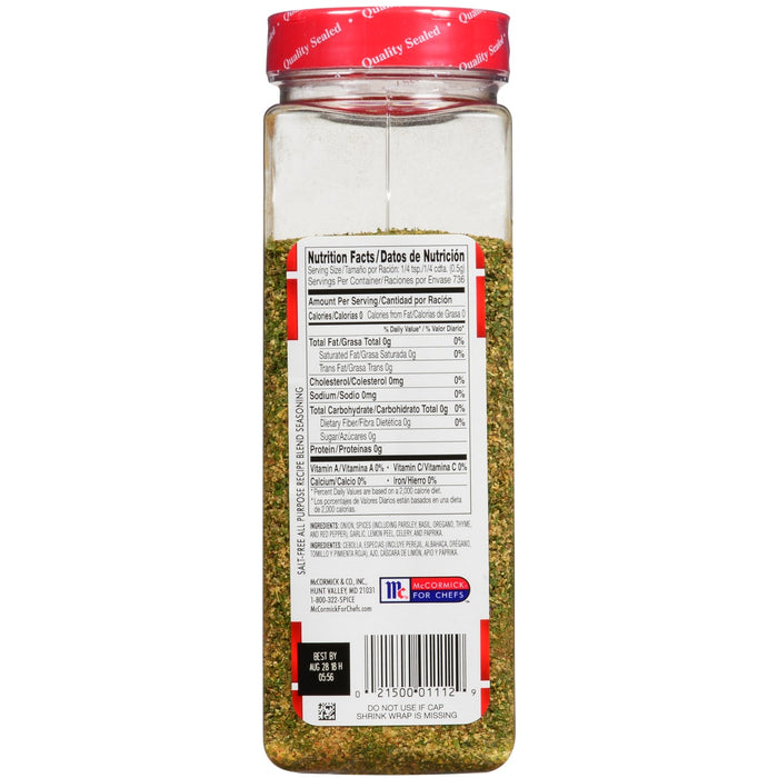 A McCormick For Chefs salt-free all purpose recipe blend seasoning jar with nutrition facts and ingredients listed.