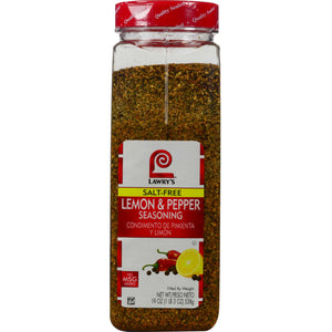 A container of Lawry's Salt-Free Lemon &amp; Pepper Seasoning.