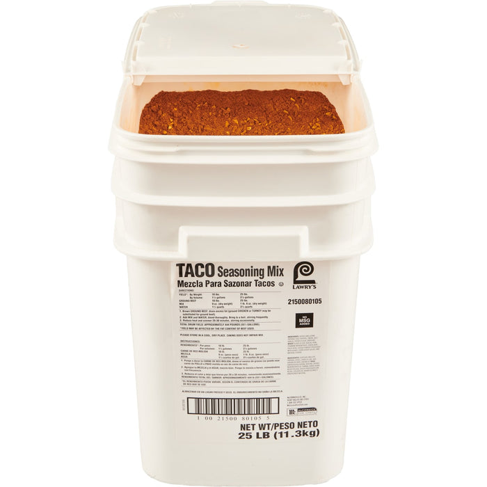 A white bucket of Lawry's Taco Seasoning Mix.
