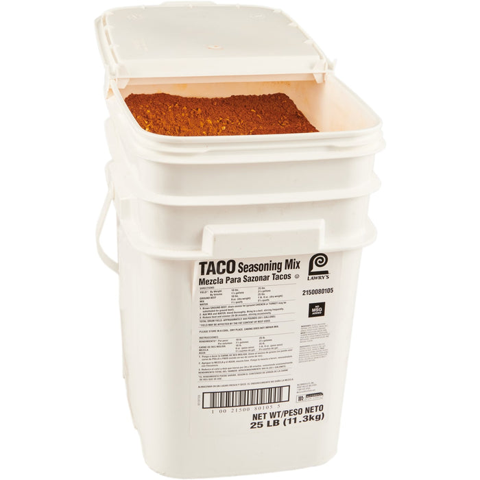 A 25 lb bucket of Lawry's Taco Seasoning Mix.