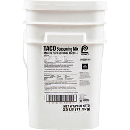 A white bucket of Lawry's Taco Seasoning Mix.