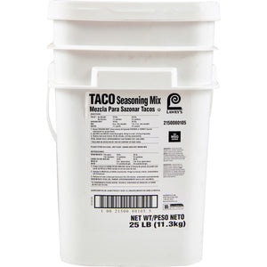 A white bucket of Lawry's Taco Seasoning Mix.