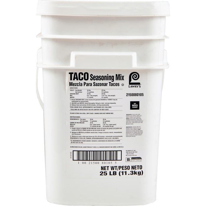 A white bucket of Lawry's Taco Seasoning Mix.