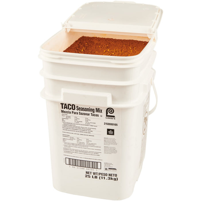 A white bucket of Lawry's Taco Seasoning Mix.
