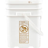 A white bucket with a warning label about children drowning.