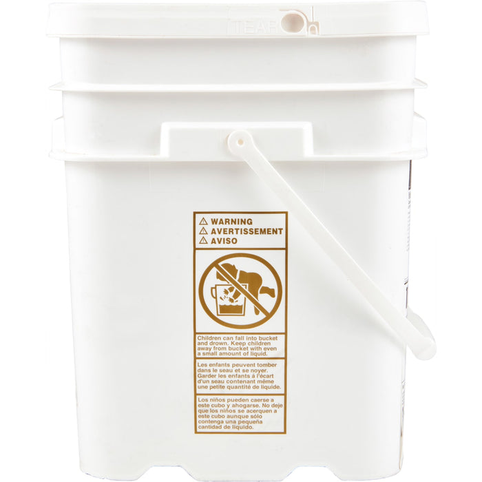 A white bucket with a warning label about children drowning.