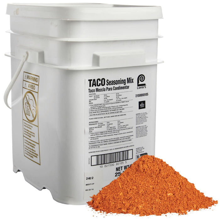 A white bucket of Lawry's Taco Seasoning Mix with a pile of the seasoning in front of it.