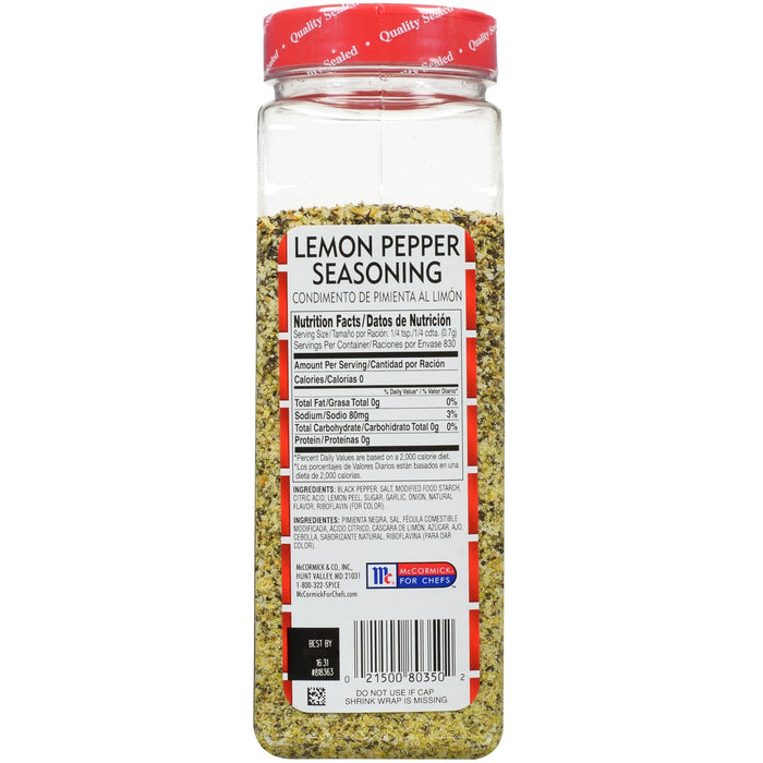 A McCormick Lemon Pepper Seasoning bottle with a red lid and a nutrition facts label.