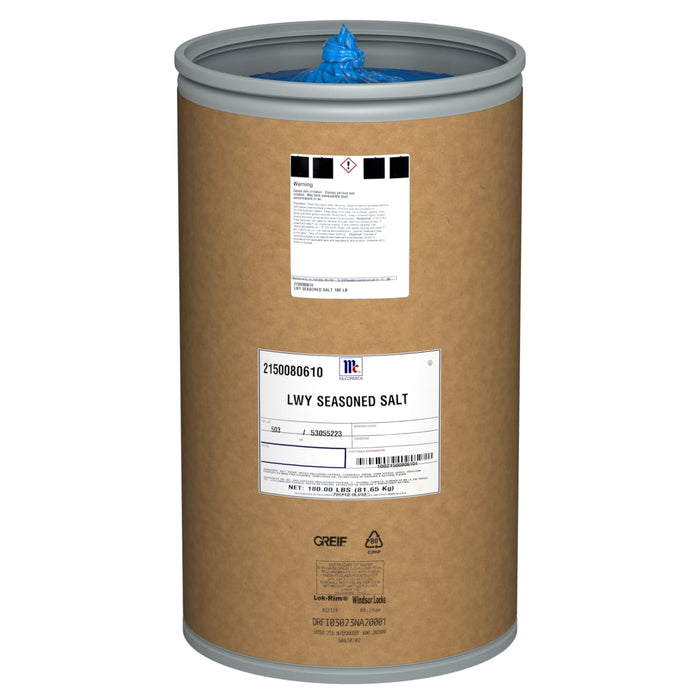 A brown paper bag with a blue lid containing McCormick LWY Seasoned Salt.