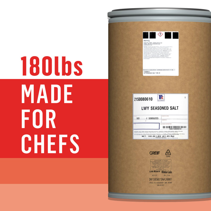 A large container of Diamond Crystal Kosher Salt, marketed as 180lbs and made for chefs, is displayed.