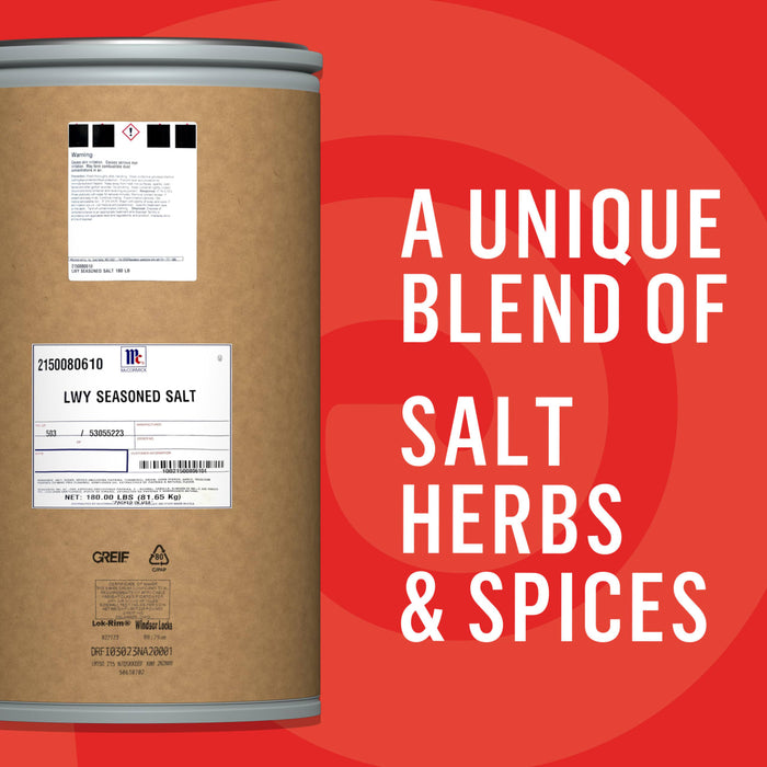 A large container of a unique blend of salt, herbs, and spices is shown against a red background with a circular pattern.