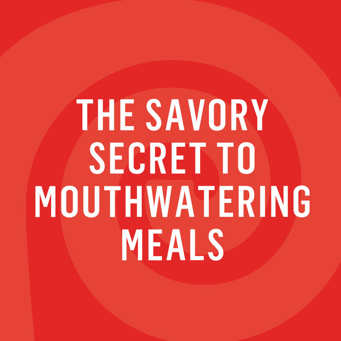 A red graphic with a spiral background highlights the text The Savory Secret to Mouthwatering Meals.
