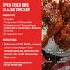 This image showcases a recipe for Oven Fried BBQ Glazed Chicken, highlighting the ingredients and instructions for preparation.