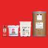 A line of packaging for various sizes of LATICRETE products against a red background.