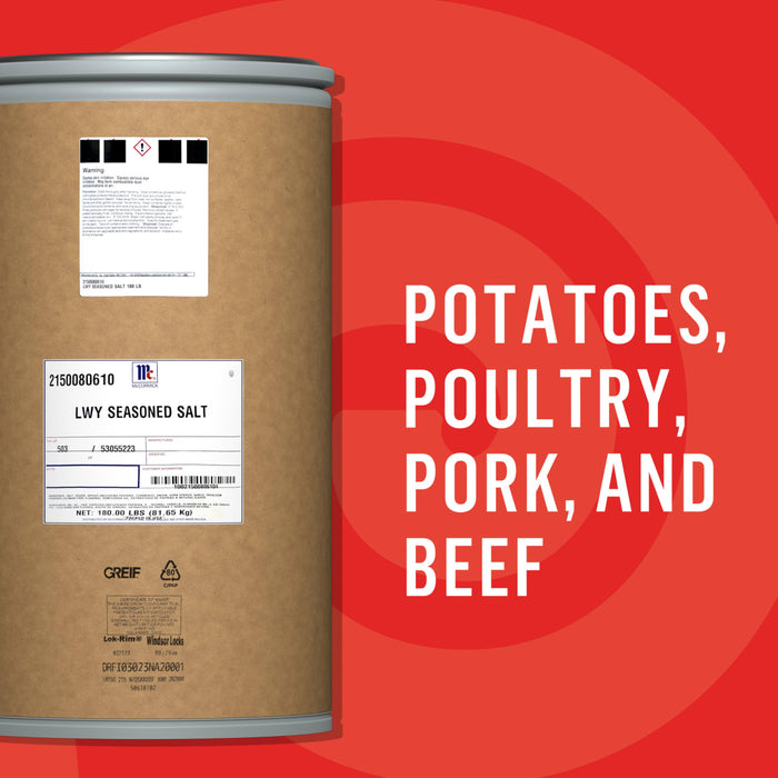 A large container of dehydrated food ingredients, suitable for potatoes, poultry, pork, and beef, is displayed against a red background.
