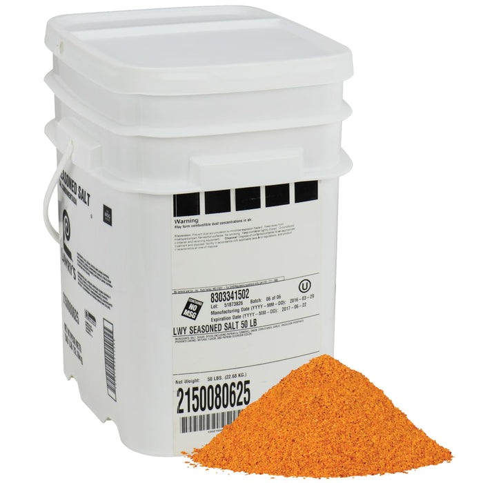 A white 50-pound bucket of Lawry'S Seasoned Salt sits next to a pile of the orange-brown granular spice.