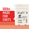 A 50lb bucket of Lever's Standard Sea Salt, marketed towards chefs.