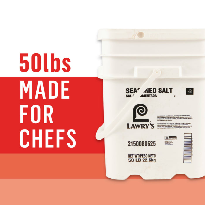 A 50lb bucket of Lever's Standard Sea Salt, marketed towards chefs.