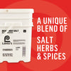 A bucket of Laney's Seasoned Salt is displayed next to text that reads A unique blend of salt herbs and spices.