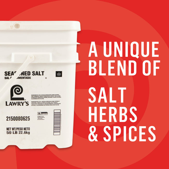 A bucket of Laney's Seasoned Salt is displayed next to text that reads A unique blend of salt herbs and spices.