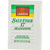 A white individual packet of Lawry'S Salt Free 17 Seasoning with a green and yellow striped top and a brown Lawry's logo.