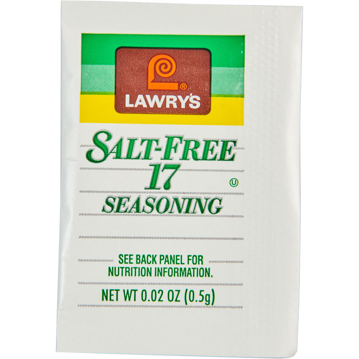 A white individual packet of Lawry'S Salt Free 17 Seasoning with a green and yellow striped top and a brown Lawry's logo.