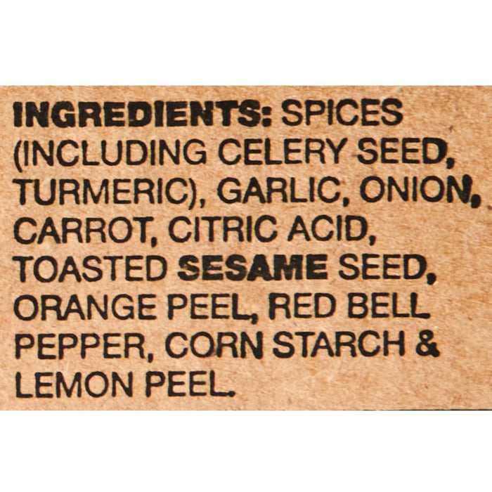 A list of ingredients for a spice blend, including celery seed, turmeric, garlic, onion, carrot, citric acid, toasted sesame seed, orange peel, red bell pepper, corn starch and lemon peel.