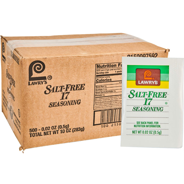A cardboard box containing 500 individual packets of Lawry'S Salt Free 17 Seasoning, with one packet displayed separately showing the green and yellow label.