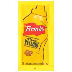 A yellow packet of French's Classic Yellow prepared mustard.