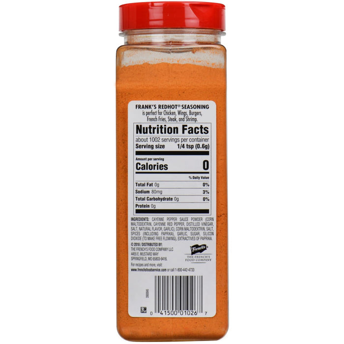 A label for Frank's RedHot Seasoning, showing the nutrition facts and ingredients.