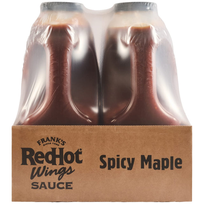 A two-pack of Frank'S Redhot Spicy Maple Wing Sauce &amp; Dip, 0.5 Gal, is shown shrink-wrapped in a cardboard carrier.