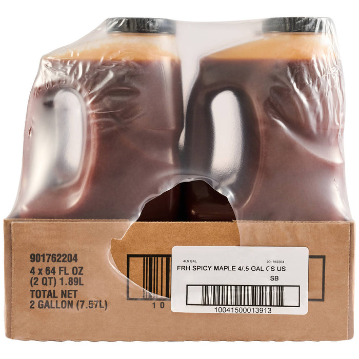 A case of four half-gallon jugs of Frank'S Redhot Spicy Maple Wing Sauce &amp; Dip, 0.5 Gal, is shown shrink-wrapped in a cardboard tray against a white background.